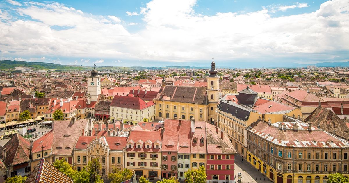 view of a typical street in the center of romanian city sibiu